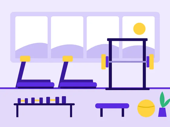 Ilustração do salão da academia com esteiras, rack com barra, banco, halteres e janelas amplas